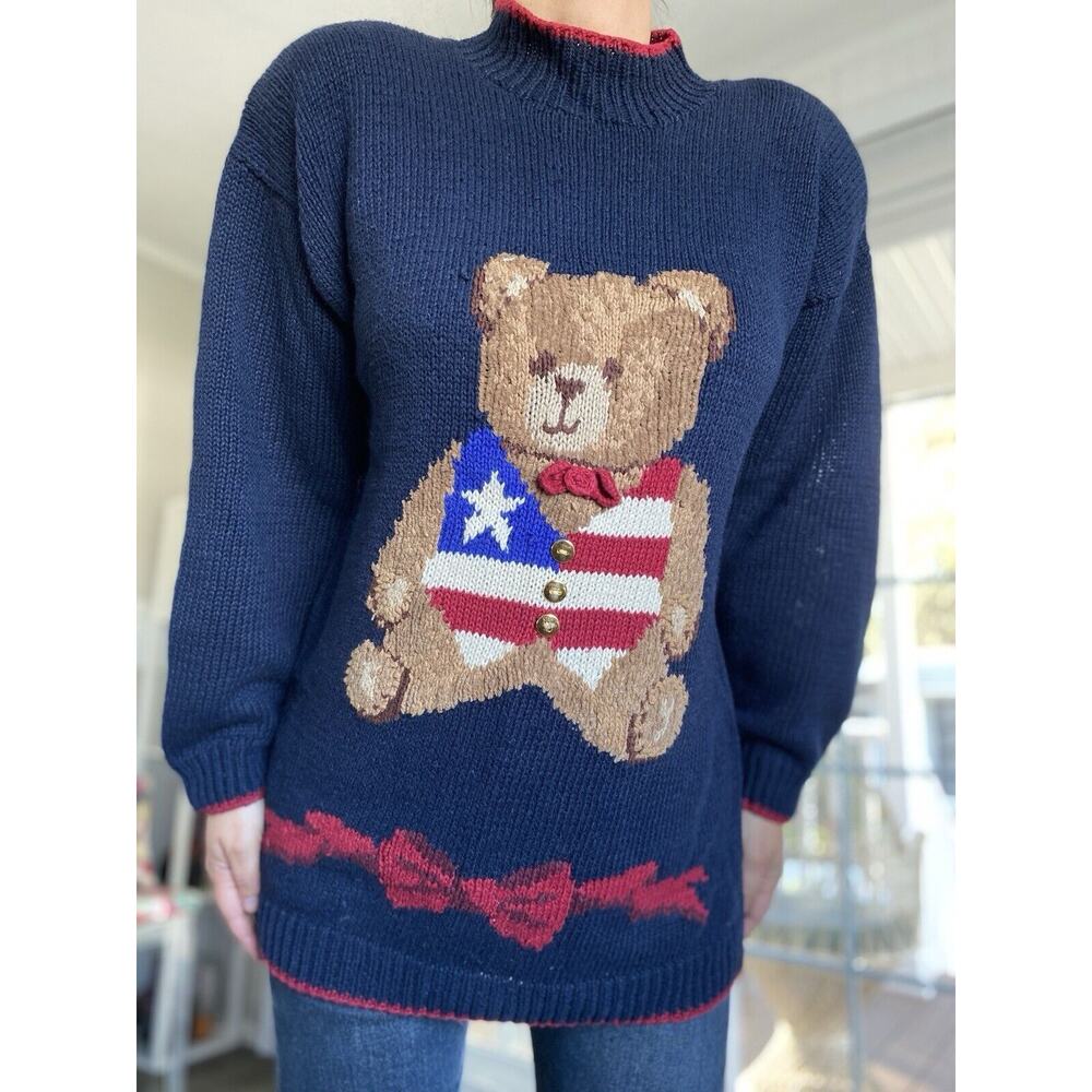 TALBOTS knitted embroidered vintage teddy bear American flag Holiday sweater M